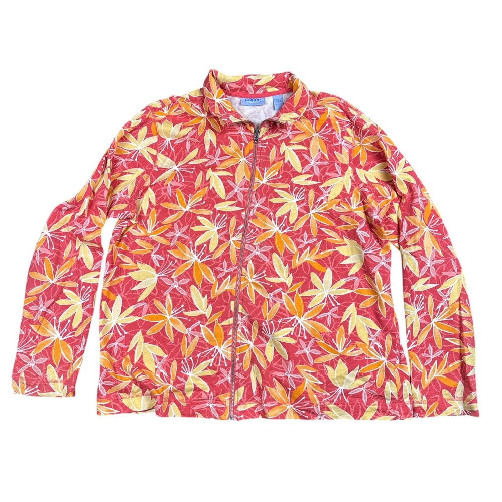 Pacer by‎ Karen Scott Womens XL Full Zip Jacket Tropical Floral Cotton Coral XL
